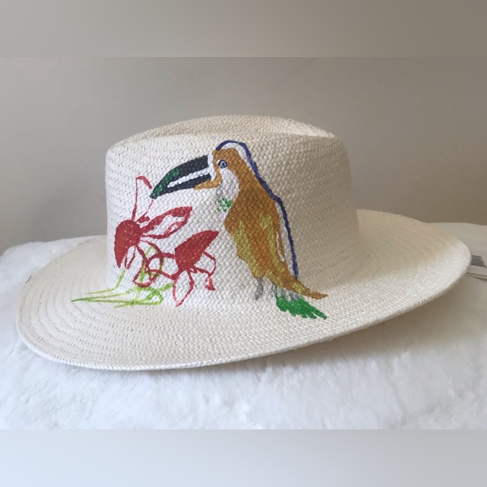 Onia White Embroidered Hat with Toucan Design